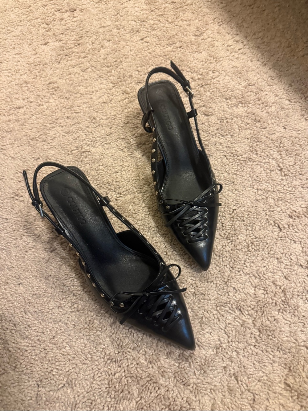 Black Pointed Toe Slingback Pumps with Stud Detail